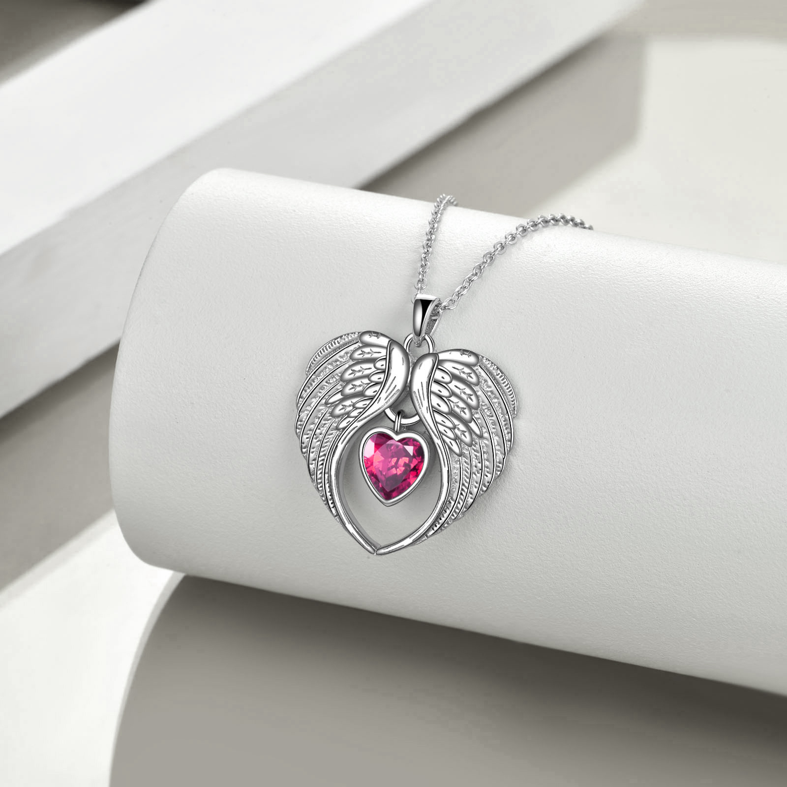 Women's Silvery Angel Wing Pendant Necklace with July Birthstone